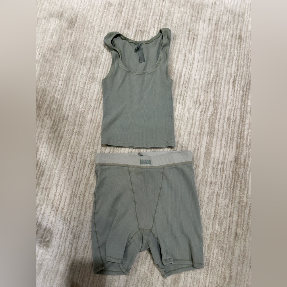 Green Ribbed Tank and Shorts Set